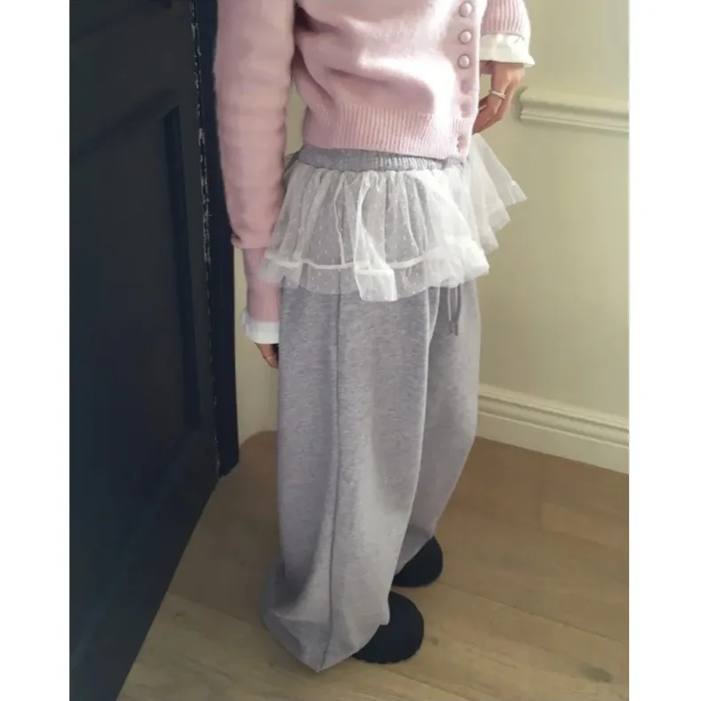 Sweet Dreamlike Japanese Style Lace Puffy Skirt Hem Fake Two-Piece Sweatpants Casual Long Pants Sports Pants Knitted Polyeste...