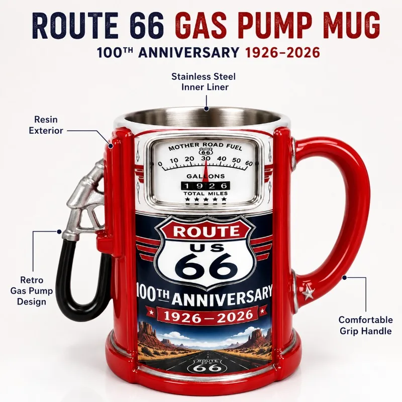 Route 66 Gas Pump Mug Resin Coffee Cup with Stainless Steel Inner Liner Retro Car Theme Novelty Drinkware Home Bar Decor Gift