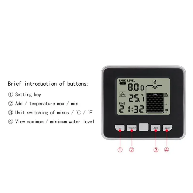 AB42-2X Ultrasonic Wireless Water Tank Liquid Level Meter With Temperature Sensor Level Monitor Time Display