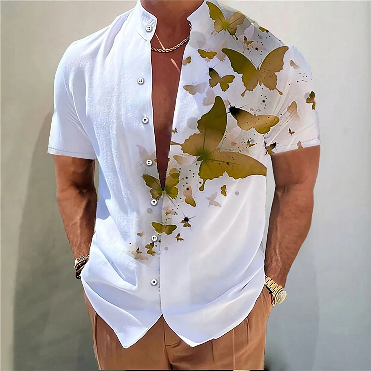2025 Men's Shirt Butterfly Pattern 3D Printing Stand Collar Multi-color Outdoor Street Short Sleeve Hawaiian Muslim Men Clothing