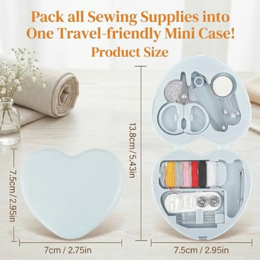 2Pcs Min Travel Sewing Kit, Portable DIY Emergency Sewing Repair Supplies Heart Shaped Sewing Storage Case with Needles, Button