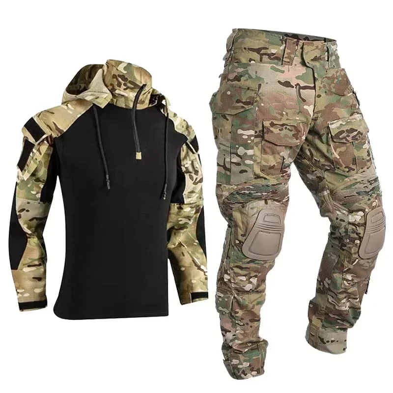 Hiking Tactical Uniform Combat Shirt Men Clothing Camo Suit Wear Resistant Set Cargo Pants with Pad Hunt Airsoft Camping Clothes