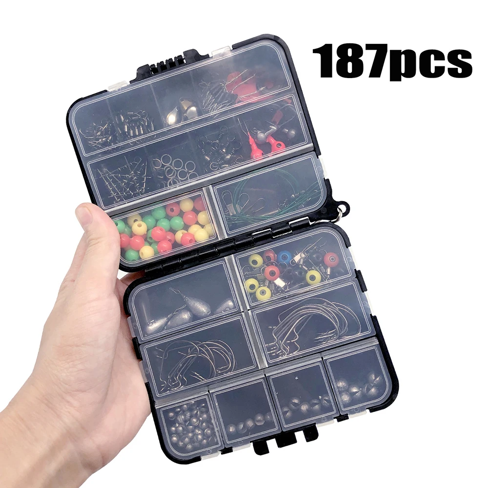 187/263 pcs Fishing Tools Accessories Kit Jig Hooks Fishing Sinker Weights Swivels Snaps Connectors with Fishing Tackle Lure Box