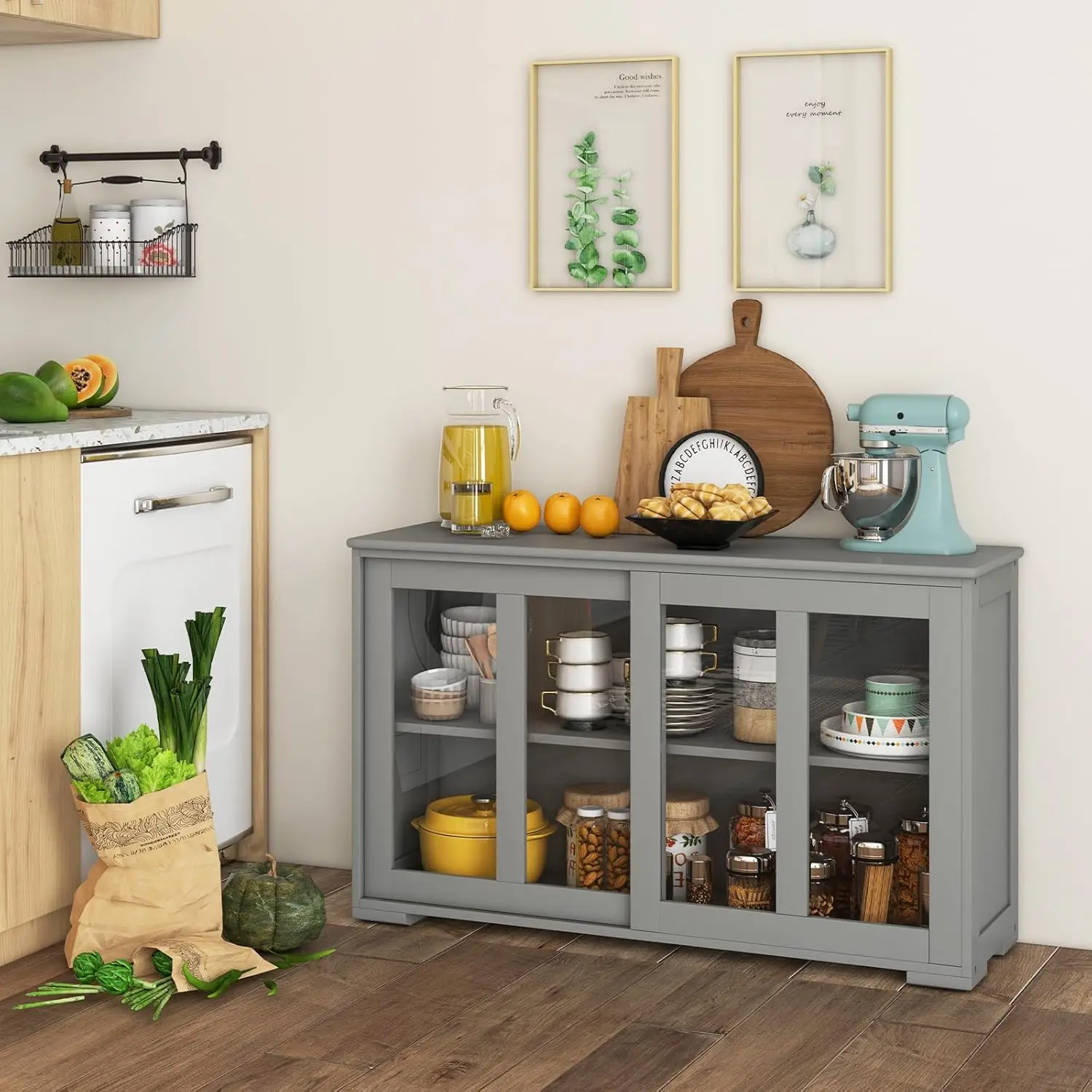 Buffet Sideboard with Storage, 2-Door Sliding Glass Cabinet, Adjustable Shelf, Stackable Kitchen Entryway Cabinet (Gray)