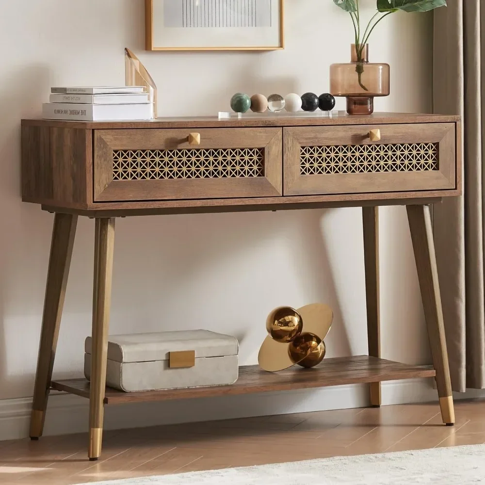 Narrow Wood Entryway Table with 2 Storage Drawers and Open Shelf, Farmhouse Entry Tables for Entryway, Front Hall