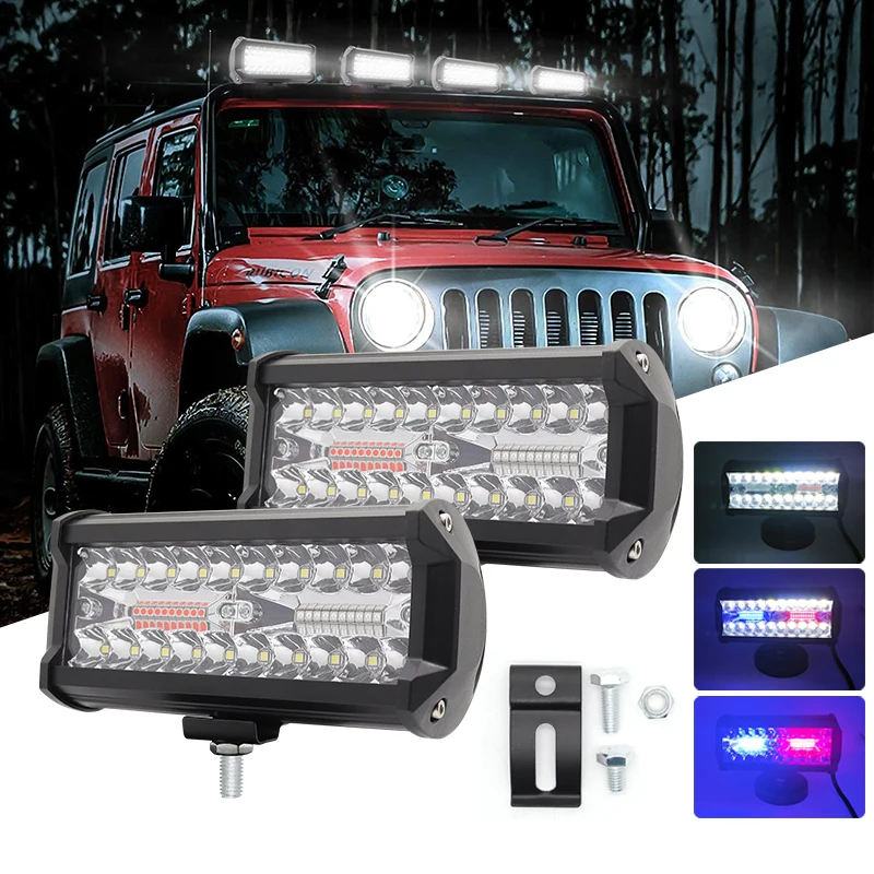 7Inch 120W Red Blue LED Work Driving Pod Light Bar Combo Strobe Lights Truck Fog Lamps for Jeep Offroad Trucks Car UTV Boat