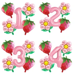 5Pcs Fruit Strawberry Flower Foil Balloons with 40inch Pink Number Balloon Berry First Birthday Girl Sweet Summer Party Supplies