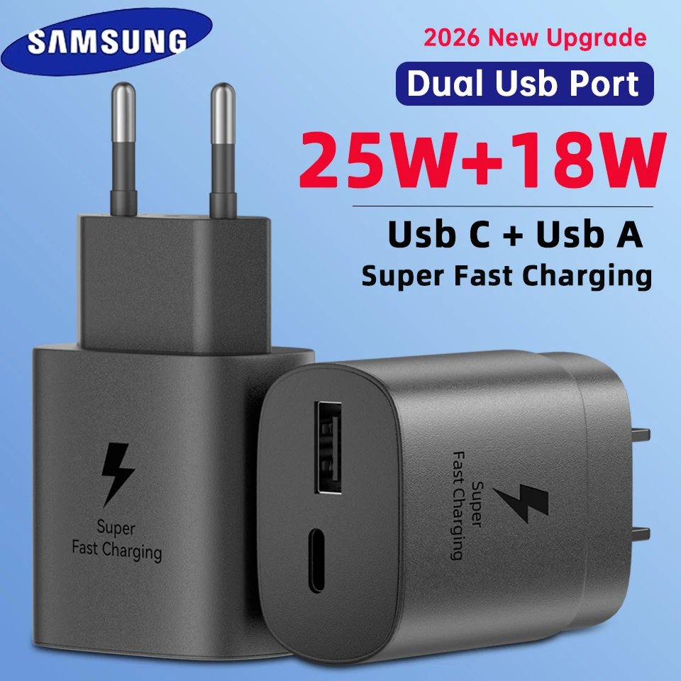 Carregador SAMSUNG PD de 25W com Dual USB-C 15W 20W para Galaxy S26 S25 Edge S24 S23 S22 Z Flip Fold 7 6 5 A17 A16 A26 A36 M07 M17 M36