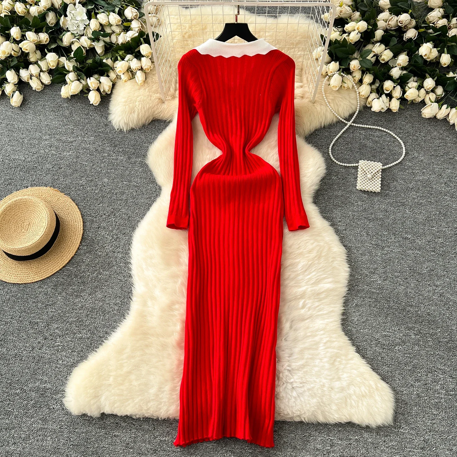 Elegant Turn-down Collar Long Sleeve Chic Metal Buckle Slim Vertical Striped Knitted Dresses Evening High Street Winter Clothing