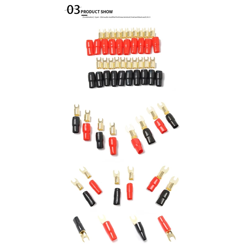 3 pares de conectores de cobre chapado en oro, Terminal de pala de calibre 0, espadas de barrera de engarce para Cable de altavoz