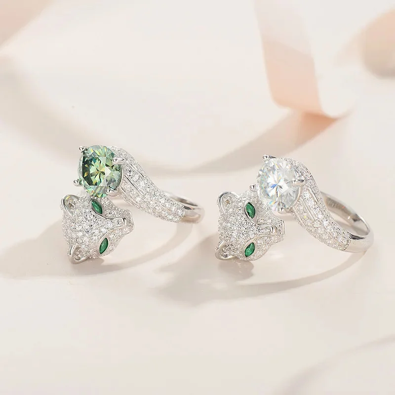 Creative Leopard Head Ring for Women 925 Silver Plated Fashion Green & White Zircon Jewelry Adjustable Design Party Jewelry