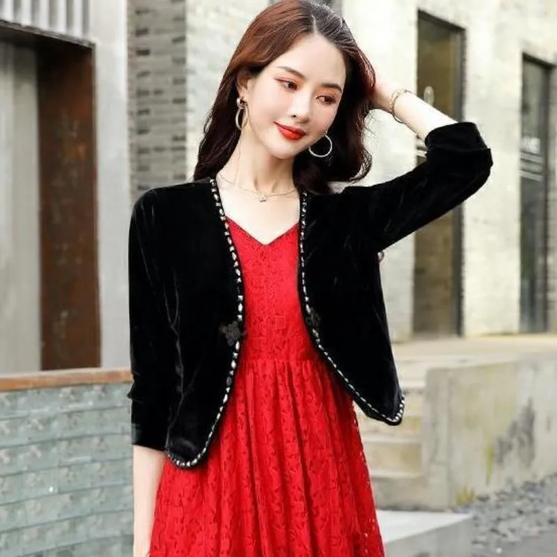 

Весна 2025 г., женское бархатное верхнее пальто винно-красного цвета, женская одежда, тонкий велюровый короткий рукав 3/4, TT681