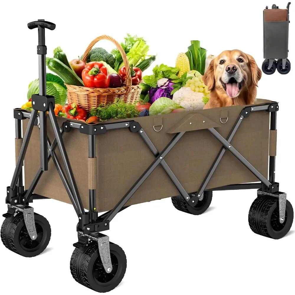 Camping Trolley Adjustable Handle Heavy Duty Folding Wagon Cart With 330lbs Large Capacity Handcart Portable Outdoor Beach Wagon