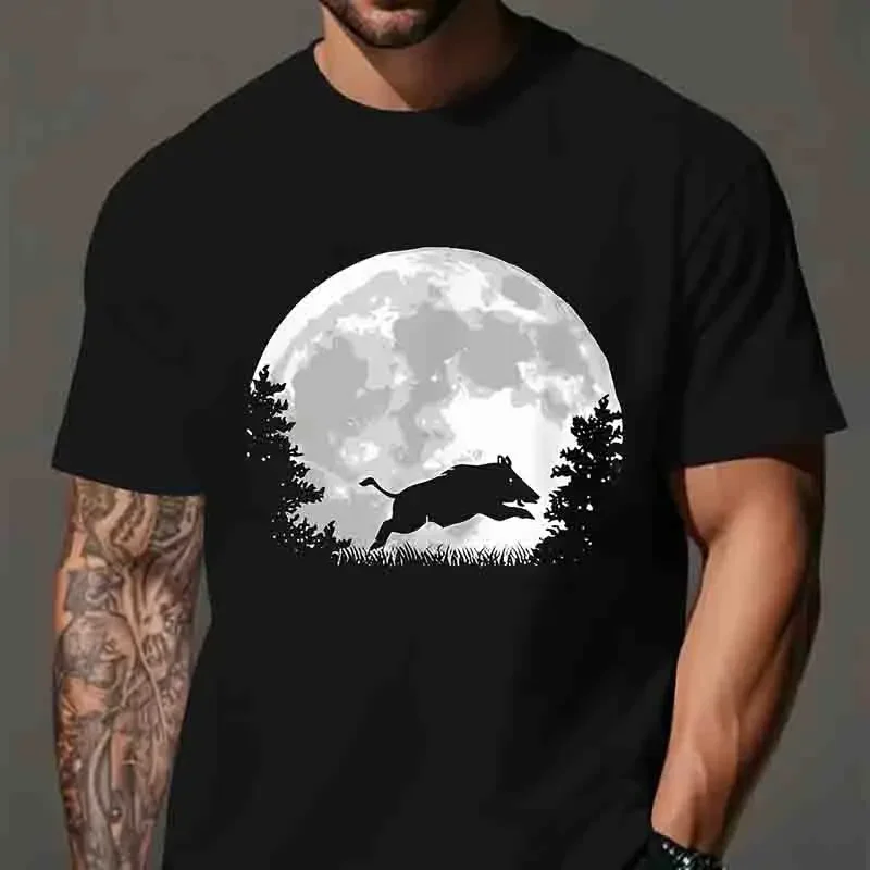 Wild Boar Moon Graphic Print T-shirts Summer Men Casual Fashion High Street Tops Punk Crew Neck Short Sleeve Cotton Tees