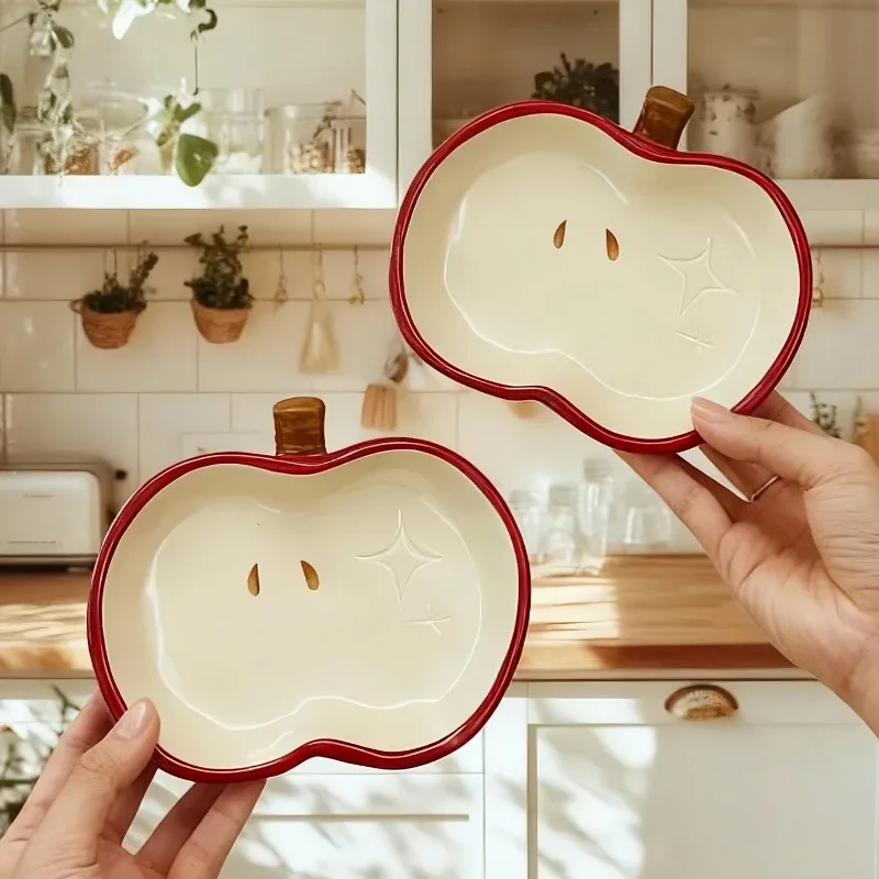 Cute Style Apple Shape Ceramic Plate, Red Festive Serving Dish for Snack Fruit Display, Holiday Table Decoration Centerpiece Use