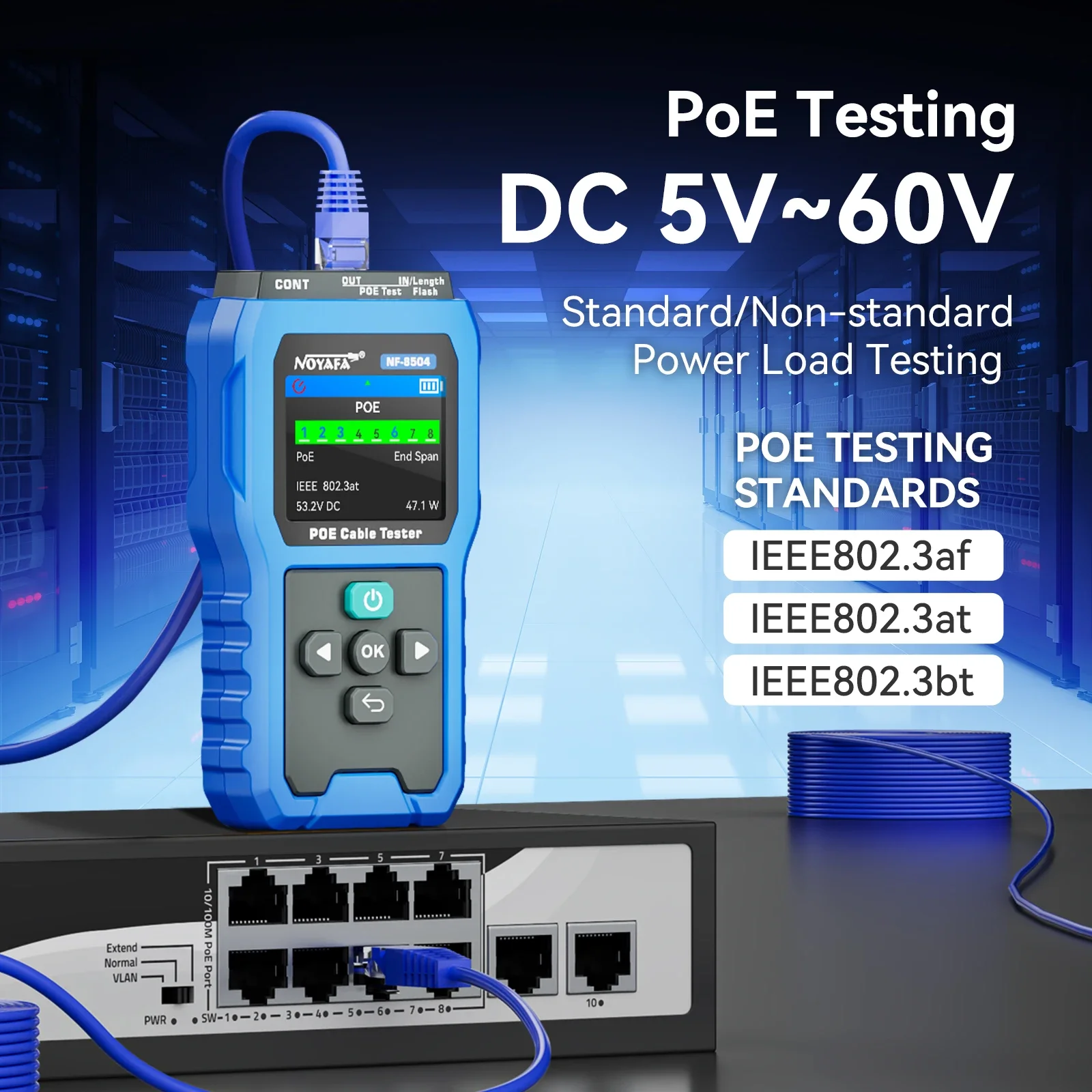 NOYAFA NF-8504 Professional PoE Cable Tester for RJ45 CAT5/CAT6 | PoE AF/AT/BT Detection, Port Flash, Network Fault Test