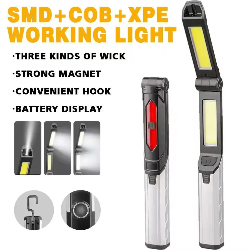 

Rechargeable LED Portable Work Light with 2 Magnetic Bases 4 Light Modes Mechanic Flashlight with Hook for Emergency