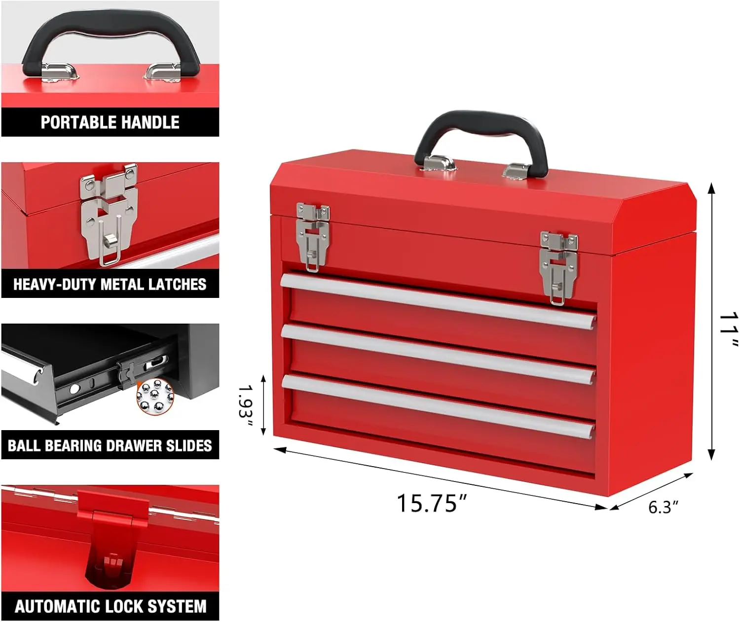 Portable Metal Tool Box，3-Drawer Steel Organization Micro Tool Chest for Household, Warehouse, Repair Shop, Red