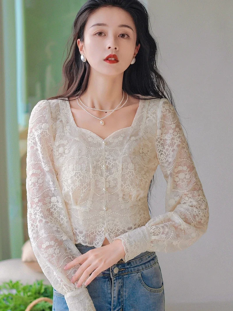 2023 Spring Fall Women Vintage Lantern Full Sleeve Beige Lace Top Blouse , Woman Clothes Pears Button Tops Shirt Blouses