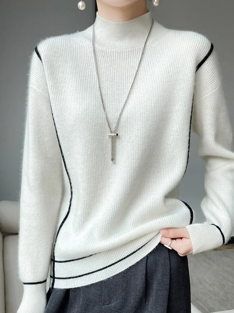 

Autumn Winter Women Sweater 100% Merino wool Knitwear Mock Collar Striped Pullover Long Sleeve Thick Clothing Tops Casual Jumper