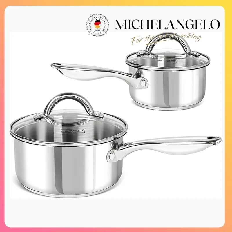 

MICHELANGELO Stainless Steel Sauce Pot Set with Steamer Sauce Pan with Triply Bottom&Pour Spout & Glass Lid Induction Compatible