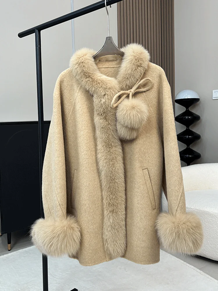 2025 novo outono inverno feminino real gola de pele de raposa manguito casaco de lã capa cashmere jaqueta quente luxo grosso casacos femininos