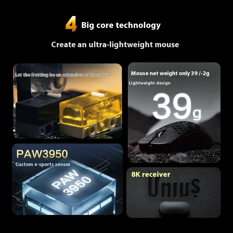 UNIUS Black Lotus Carbon Fiber Gaming Mouse Ultralight Weight 39g Huano/Fswq Micro Switches 8kHz Polling Rate Hollow Mouse PC
