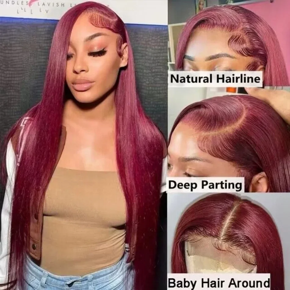 Wig rambut manusia merah Burgundy berwarna 13x6 HD renda transparan Wig rambut manusia tulang lurus renda depan tanpa lem untuk wanita