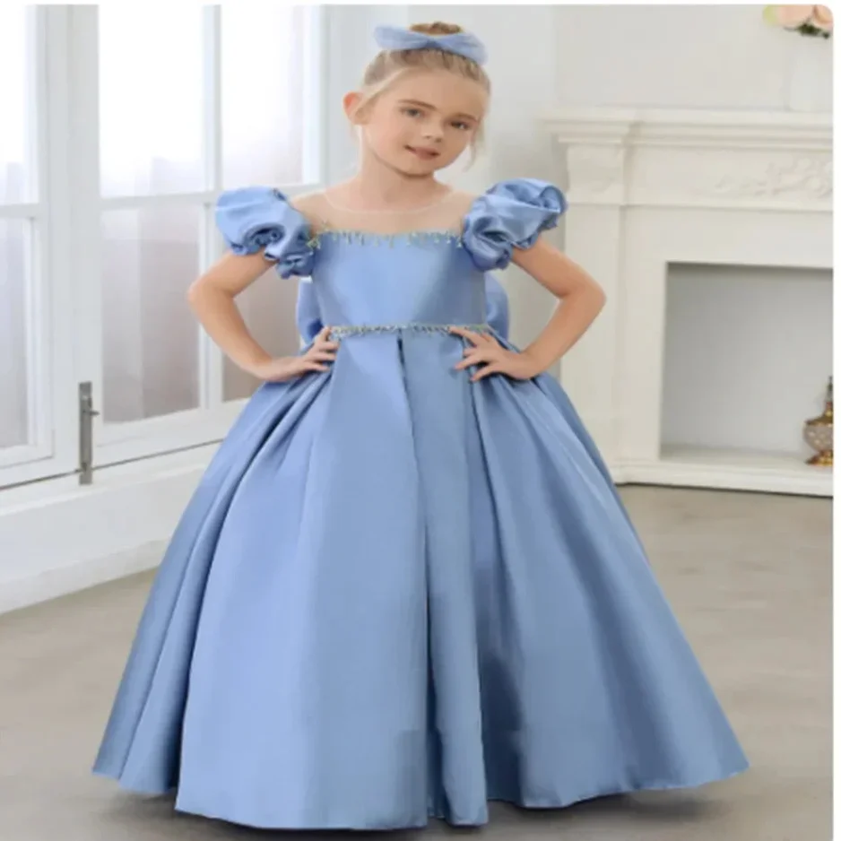 

Customized Blue Flower Girl Dress For Wedding Bowknot Short Sleeve Floor Length Kids Birthday Party First Communion Gown