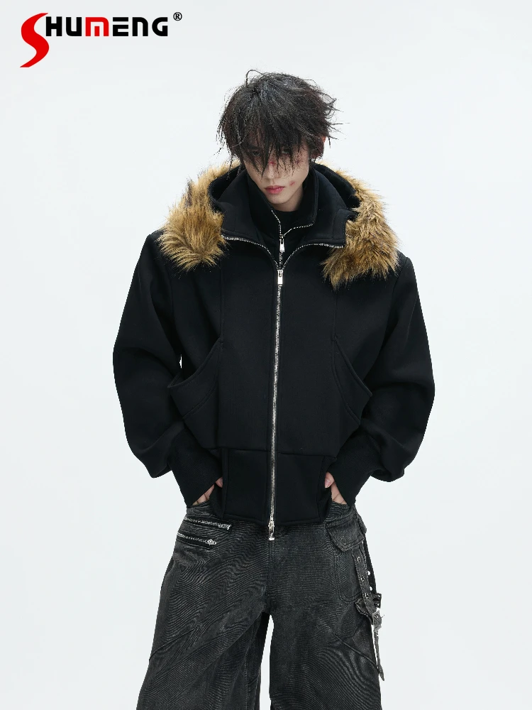 

Зимние мужские толстовки на флисовой подкладке из двух частей с капюшоном и длинными рукавами, однотонные дизайнерские толстовки с несколькими молниями, 2024, куртки