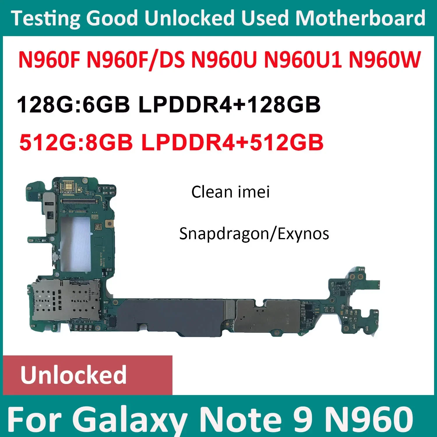 Good Motherboard For Samsung Galaxy Note 9 N960F/DS N960F N9600 Unlocked knox 0*0 MainBoard 128GB 512GB  Board