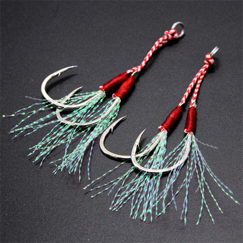 50Pair/Lot High Carbon Steel Barbed Fishing Hooks Jig Double Pairhooks Thread Feather Accessories Fishing Lure Slow Jigging