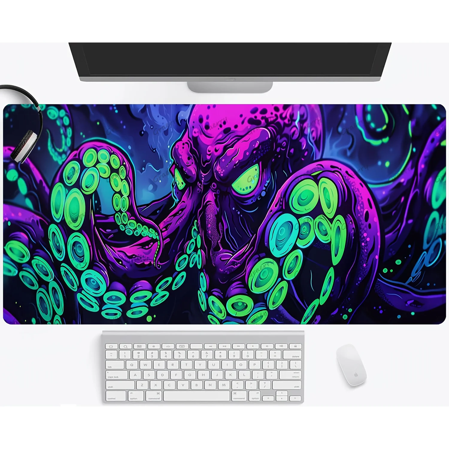 Extragroßes hochauflösendes Octopus Neonfarbenes Cthulhu-Monster-Spiel-Mauspad – Tischunterlage mit genähten Kanten