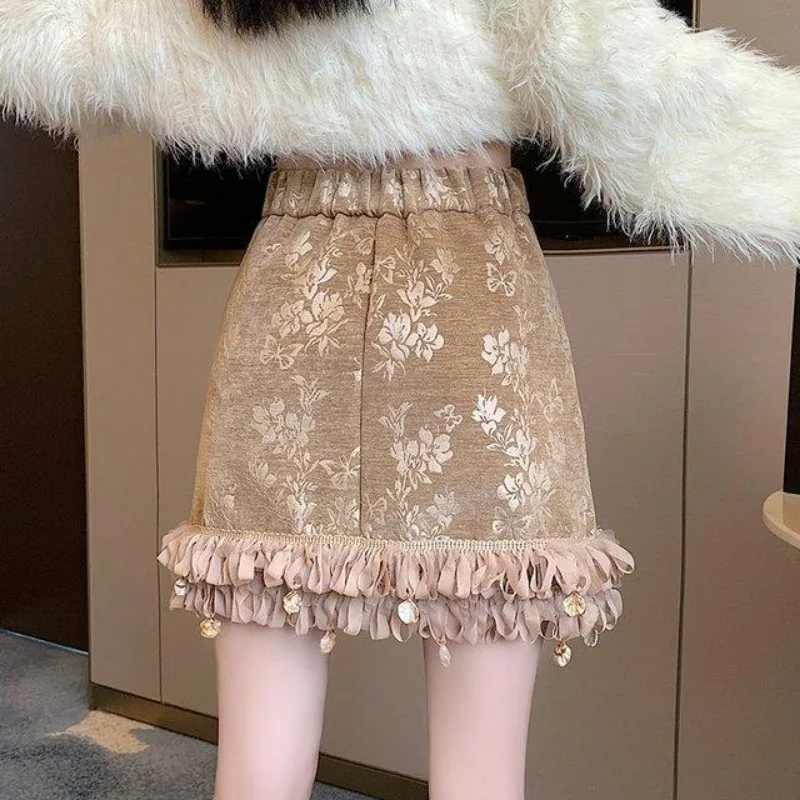 刺繍ジャカードミニスカート 2025 春夏ハイウエスト A ラインフリルミニスカートヴィンテージすべて一致ストリート