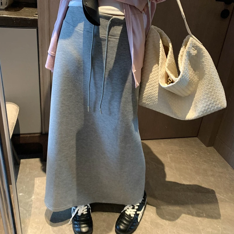 Women Korean Style Minimalist Sweatshirt A-Line Maxi Skirt High Waist Drawstring Back Slit Casual Commute Gray Black Long Skirts