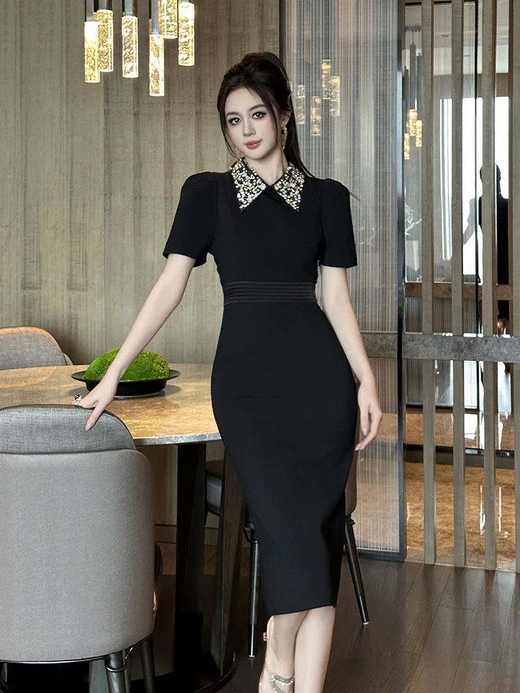 Vestido A-Leibniz para mujer, vestido ajustado con cuello doblado negro, vestido Formal de noche para fiesta, vestido de banquete de boda 65348