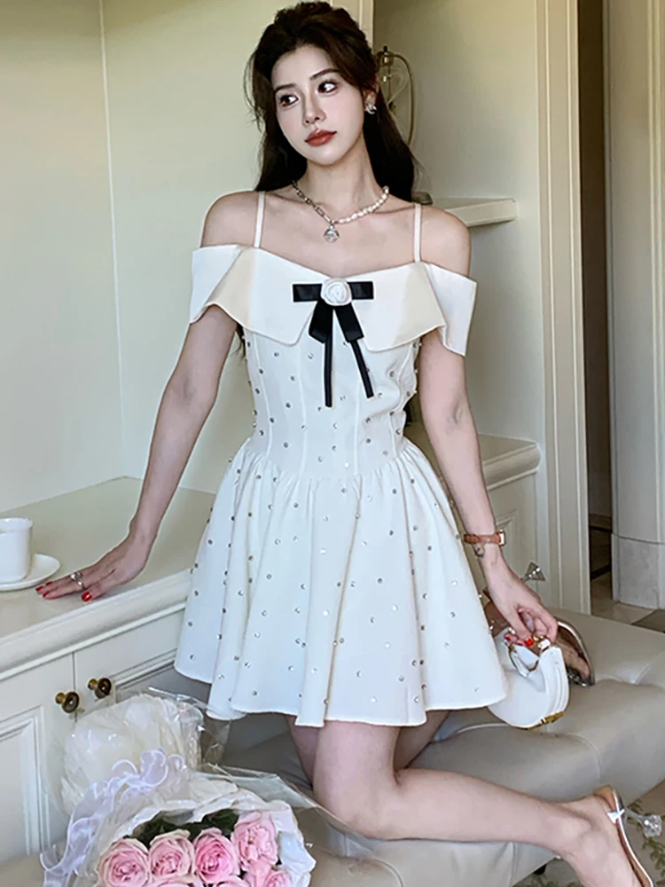 White Diamonds Polka Dot Luxury Women's Dress Summer Bow Elegant Sling Sexy Mini Dress 2024 New Korean Fashion Bodycon Y2k Dress