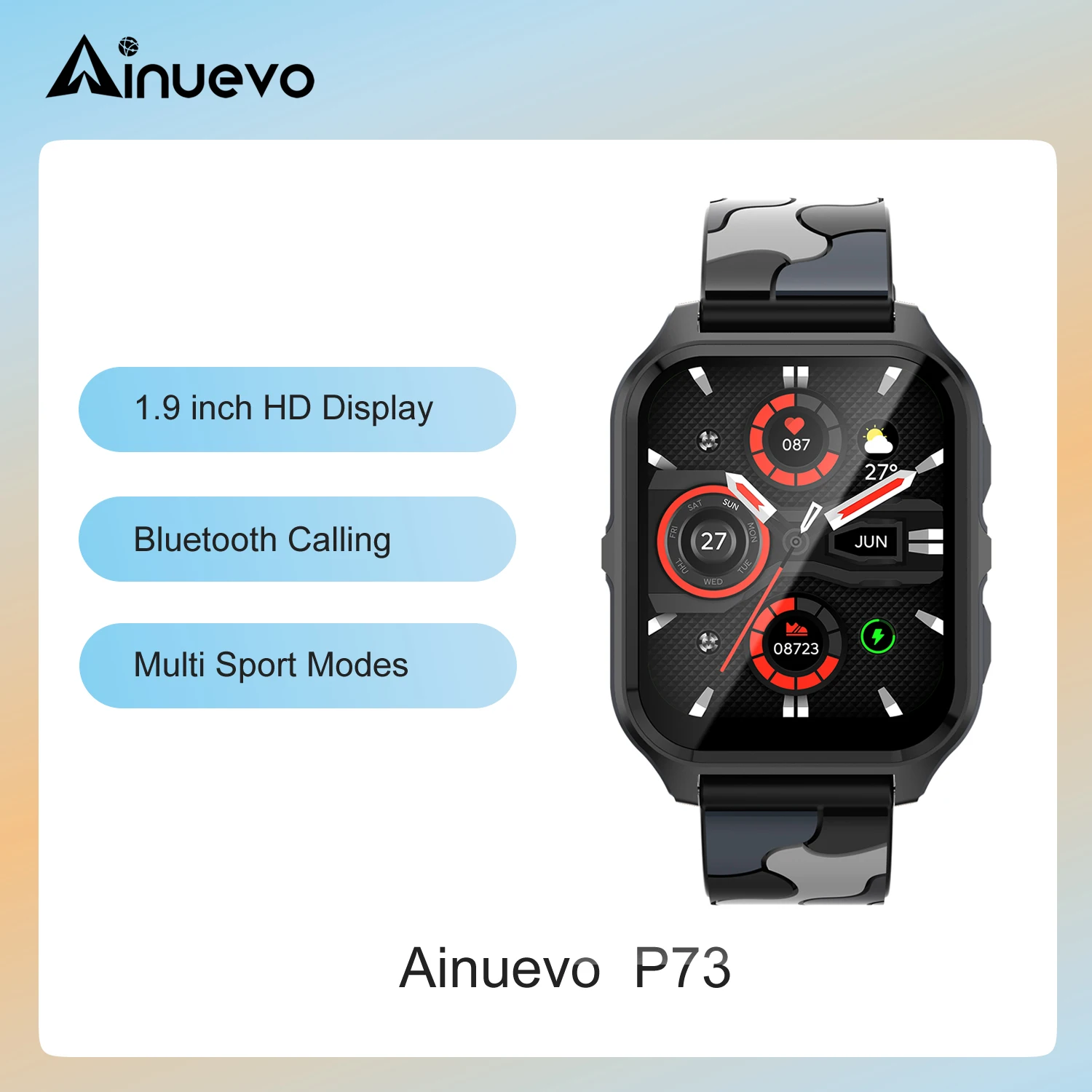 

Ainuevo P73 Rugged Smart Watch 1.9" Display 100+ Sport Modes 3ATM Waterproof Outdoor Fitness Tracker Bluetooth Call Smartwatch