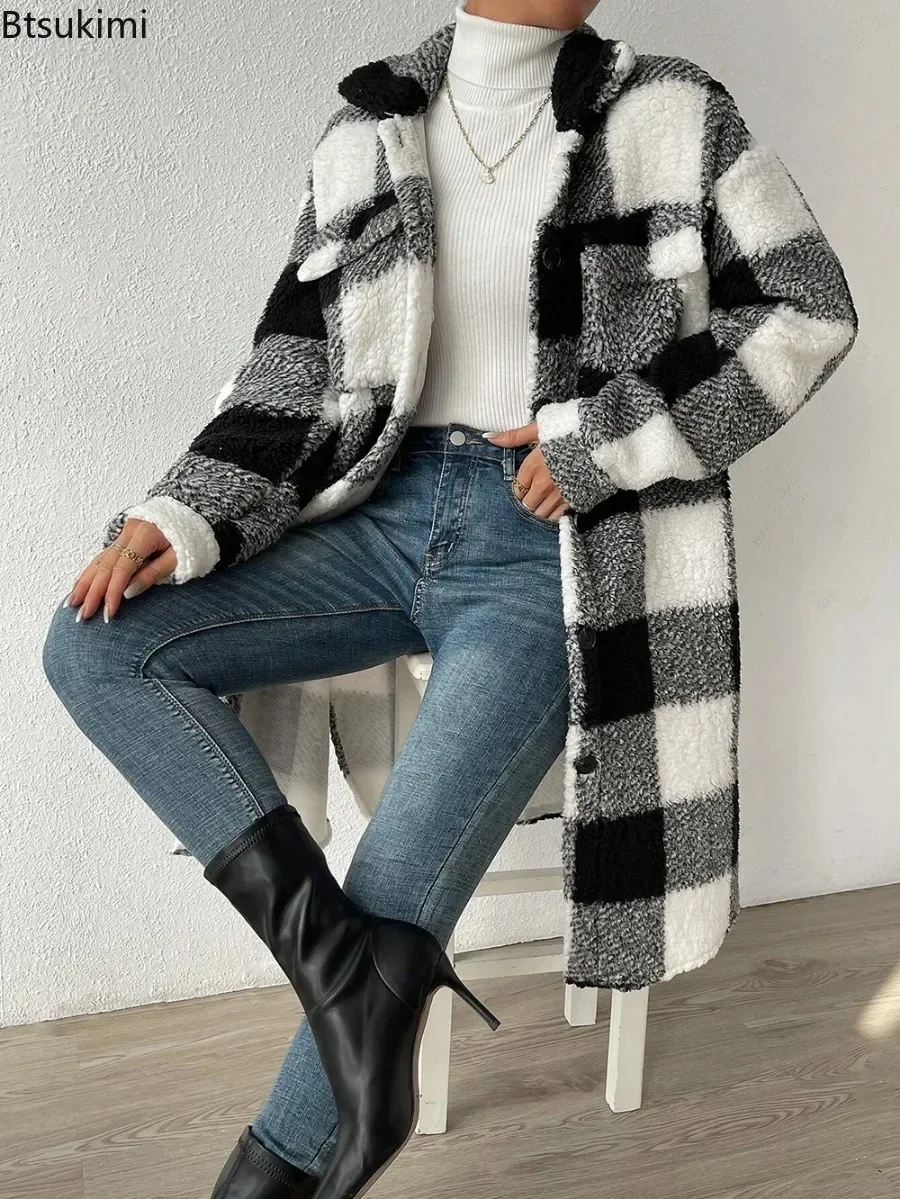 2024 Women\'s Thick Warm Jackets Coats Autumn Winter Elegant Open Button Lapel Plush Plaid Loose Temperament Commuter Long Coat