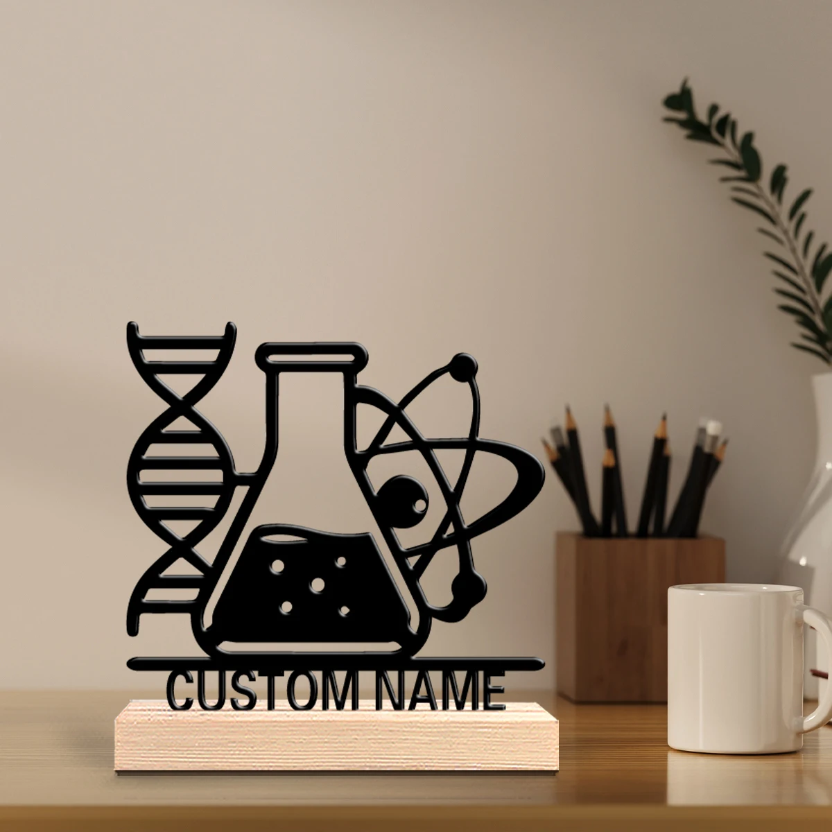 1pc Stylish Personalized Custom Science Metal Statues Wooden Base Lighting for Office Workshop Modern Rustic Steampunk Themes