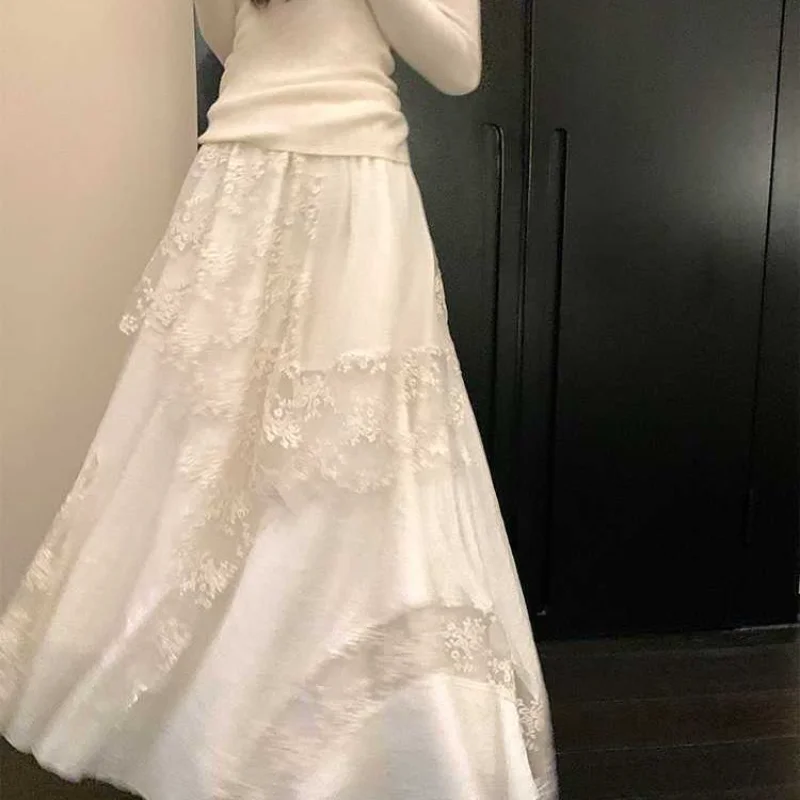 

Korean Lace Mesh Skirt Autumn Winter New Style Big Sporty A-line Design Long Skirt