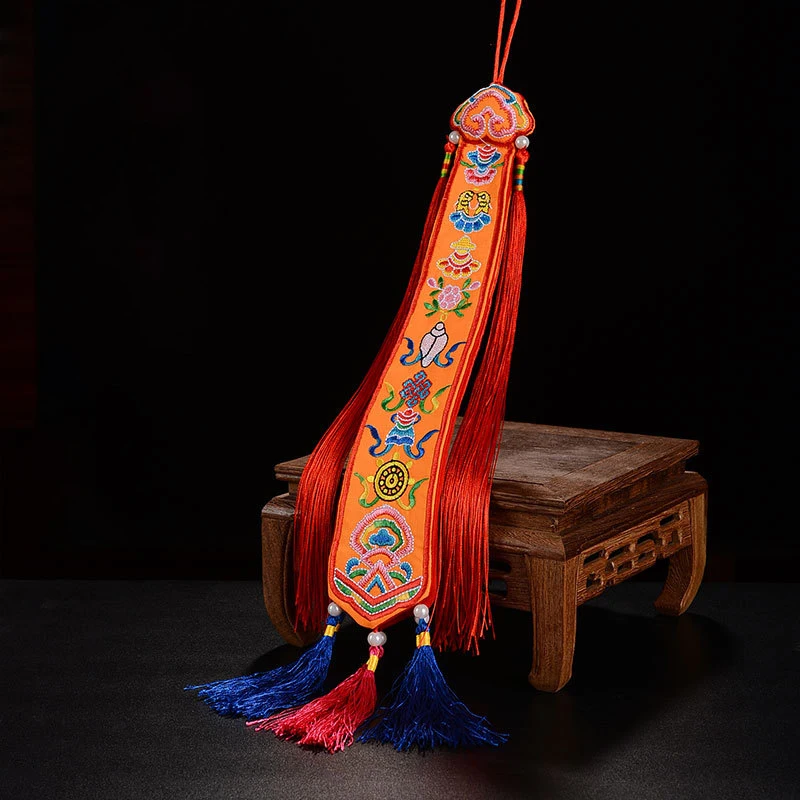 Tibetan Ribbon Flags Nepal Handmade Eight Auspicious-Tambourine Embroidery Pendant,Buddhism Hall Red