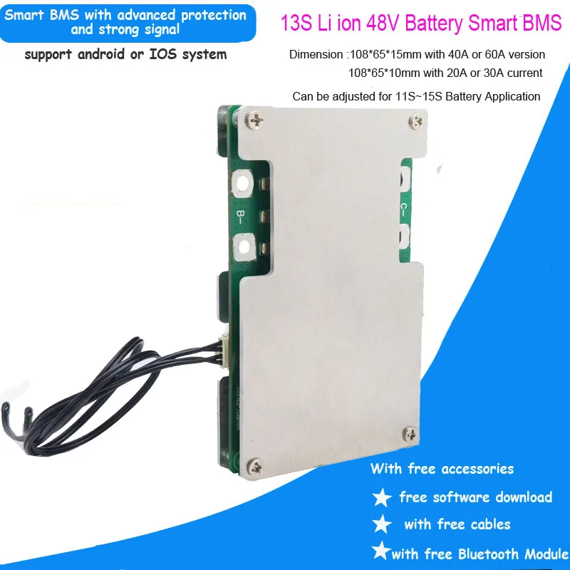 Carte PCB intelligente avec Bluetooth BMS, films, Ion, logiciel, courant constant, 20 à 60A, 54.6V, 13S, 48V