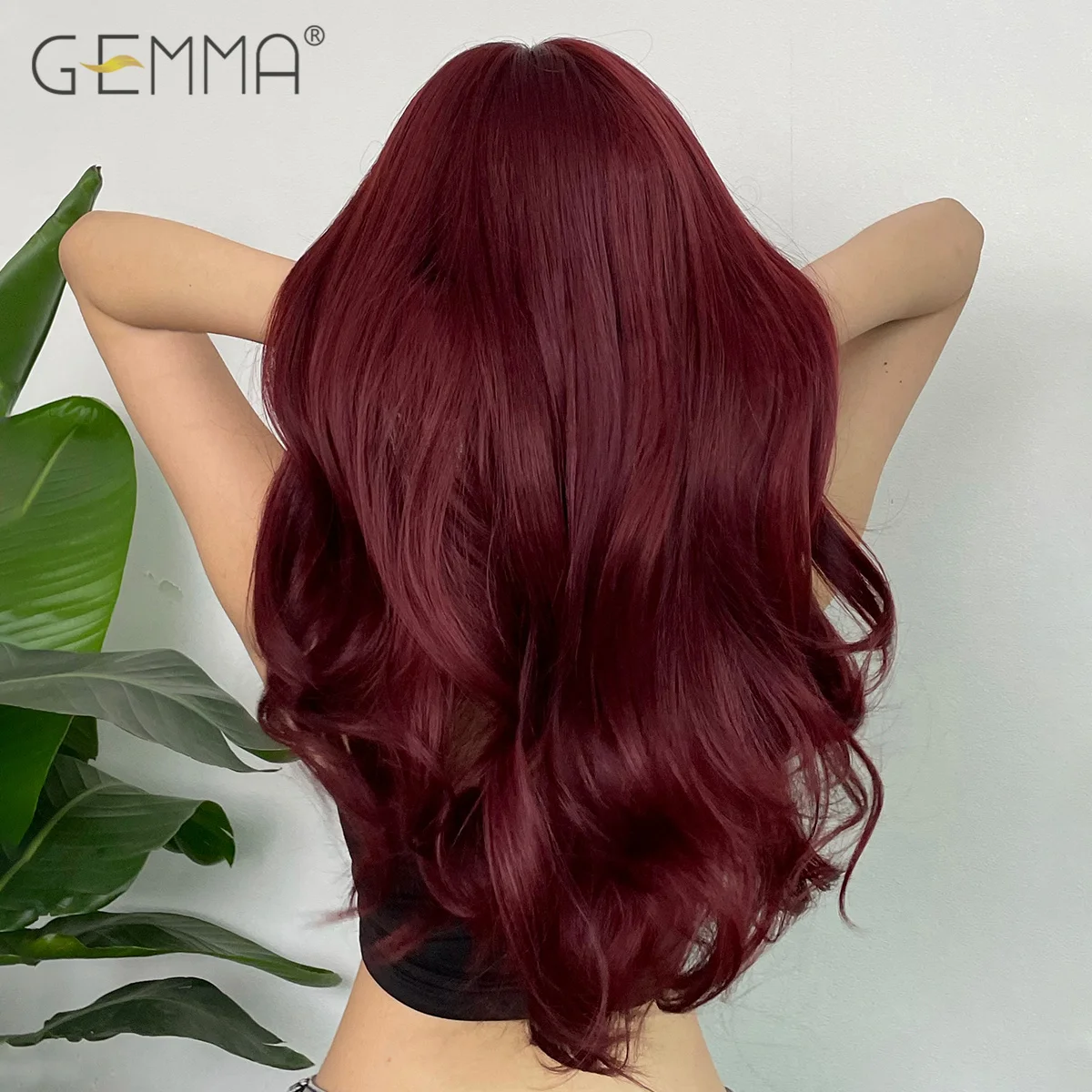 GEMMA Long Wavy Wine Red Synthetic Hair Wigs with Bangs Burgundy Natural Wave Wigs for Women Cosplay Daily Use Heat Resistant