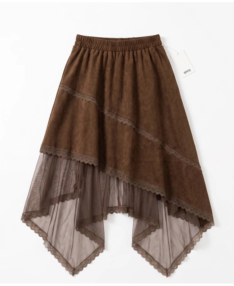 2026 Damen-Midirock mit Wildleder-Optik und Spitzenbesatz, Vintage-Brauntöne, elastischer Bund, unregelmäßiger Saum, Tüll, A-Linie, lässiger Halbrock – Detail 25