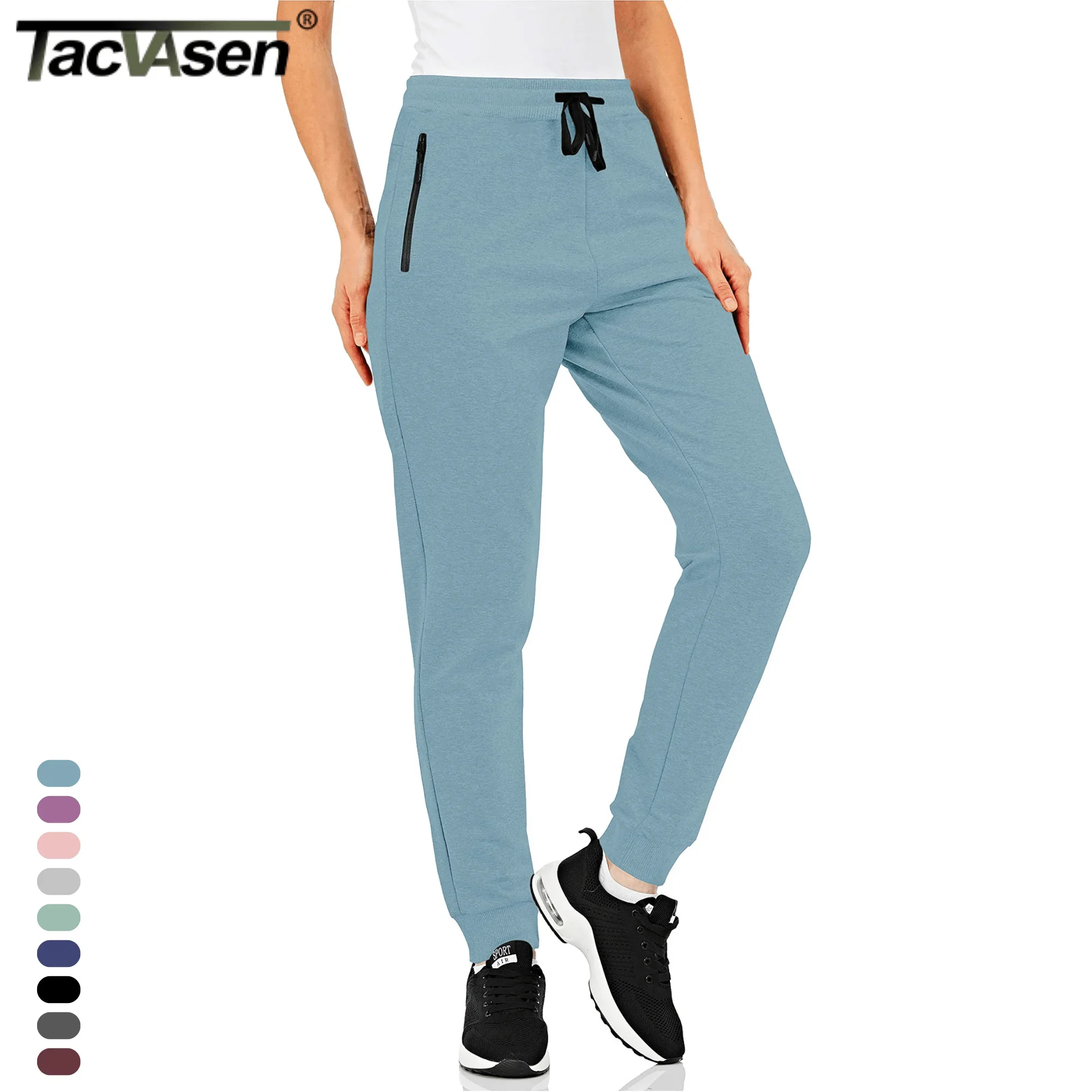 TACVASEN Cotton Jogger Pants Womens Casual Hiking Long Trousers Breathable Zipper Pockets Drawstring Waist Outdoor Sweatpants