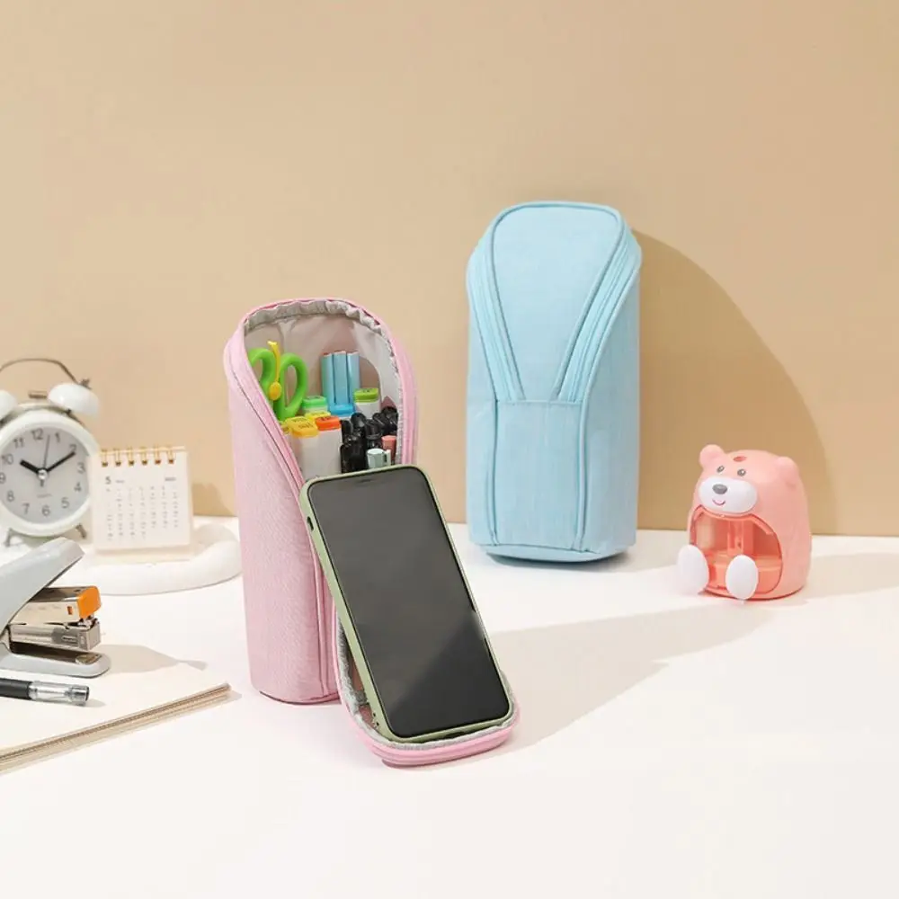 Standing Pencil Holder Large Capacity Multi-function Pen Bag Phone Holder Zippered Stationery Storage Organizer