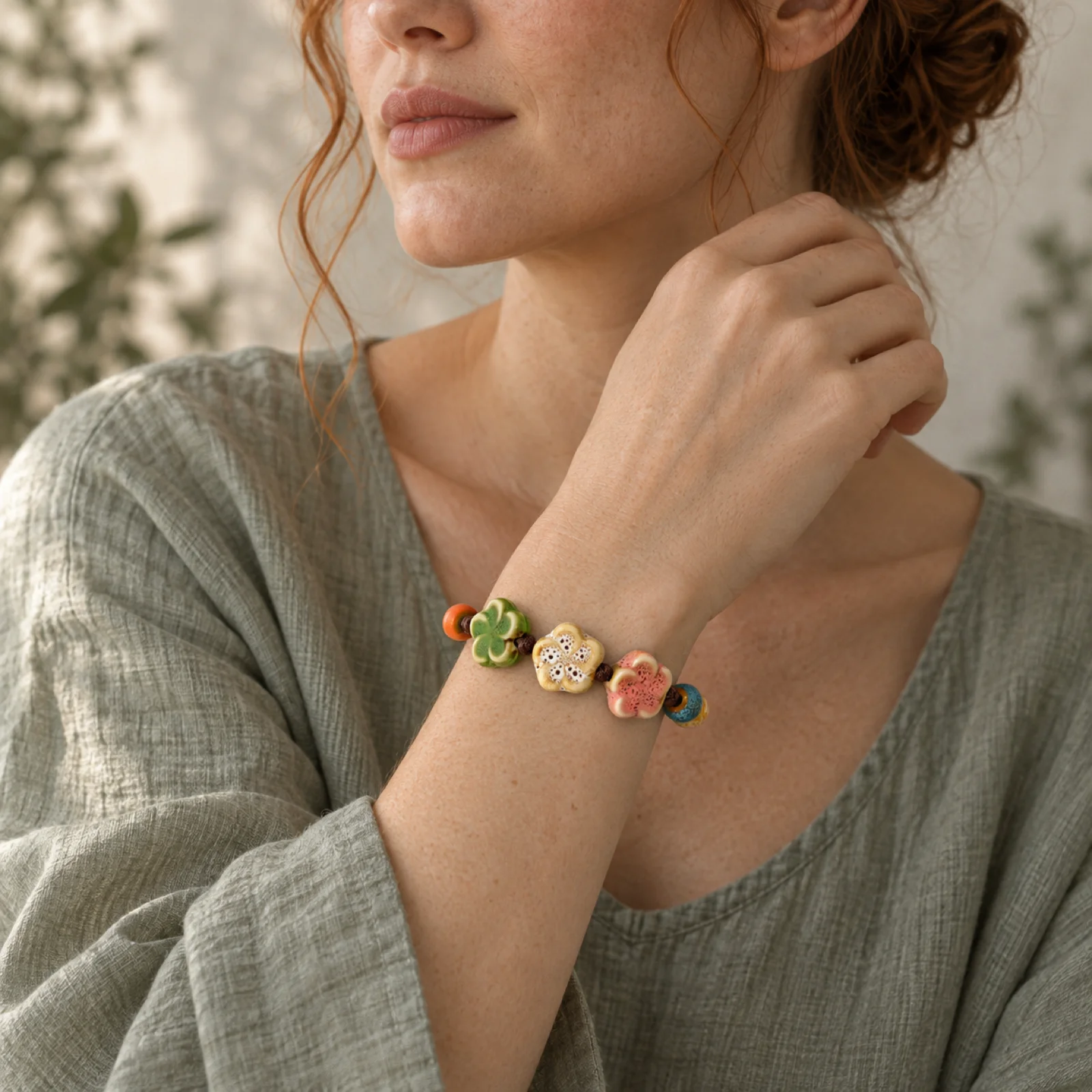 Handmade Ceramic Flower Bead Bracelet with Waxed Cord Hand-Braided Adjustable Wrist Jewelry Fu Character Charm 609P2-06