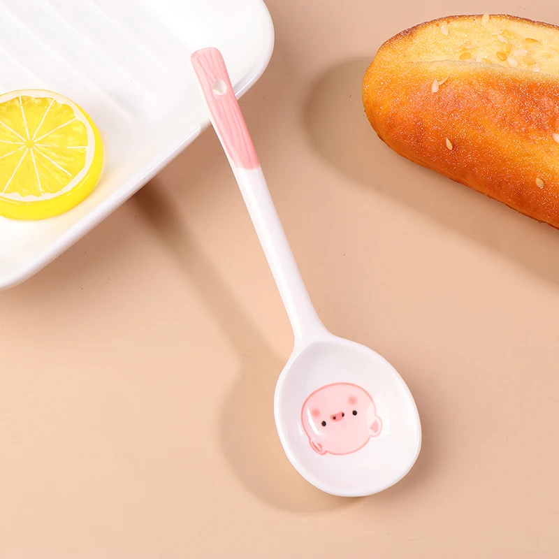 Kawaii Pig Ceramic Soup Spoon Cute Ice Cream Hand Painted Coffee Dessert Long Handle Spoon Kitchen Accessories