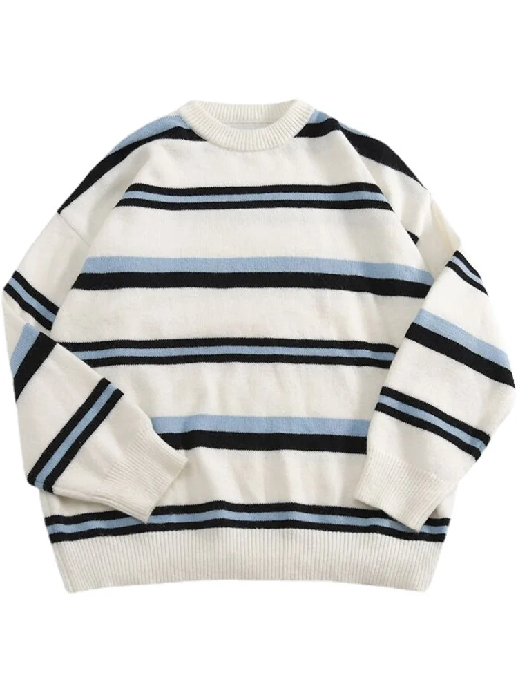 

Striped Sweater For Men Korean Fashion Street Casual Home Pullovers Round Neck Kniited Jumpers Loose Patchwork Sweater Unisex